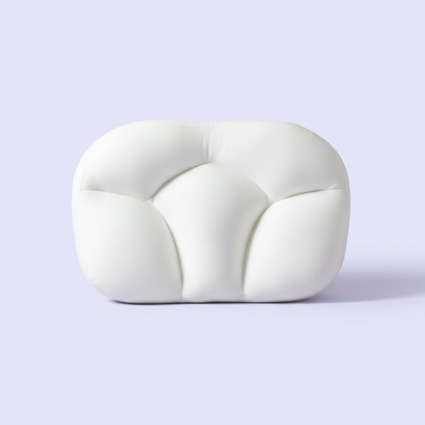 Woman holding a Fayybek Flex pillow with features listed on a light purple background