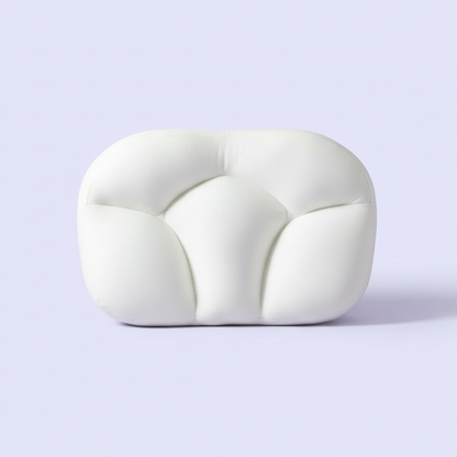 Woman holding a Fayybek Flex pillow with features listed on a light purple background