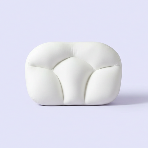 Woman holding a Fayybek Flex pillow with features listed on a light purple background